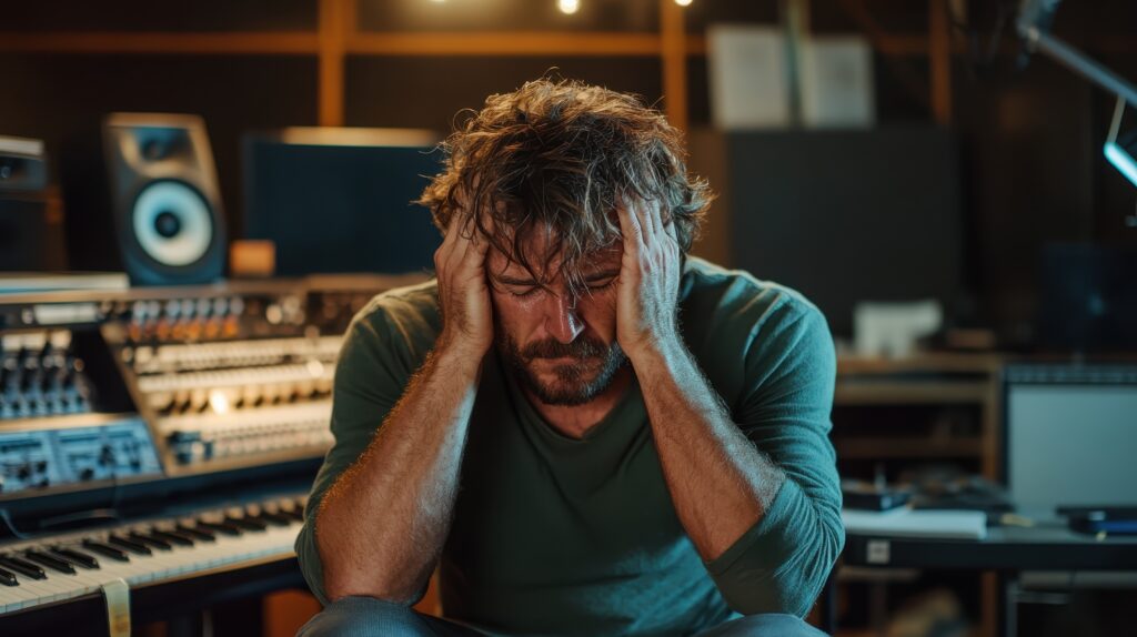A troubled musician sits in a modern studio, holding his head in his hands amid equipment, embodying the emotional struggles and creative challenges faced by artists.